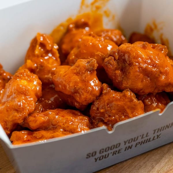 A white takeout box filled with glistening, orange-sauced boneless chicken wings from Ochinilis Steaks.